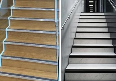 Comparison of aluminium and UPVC stair nosing showing safety and durability features