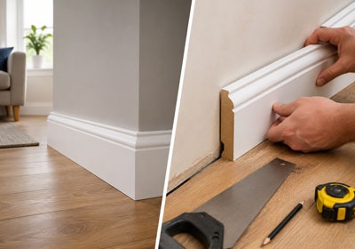 Modern MDF skirting board section being prepared for installation in a UK office.