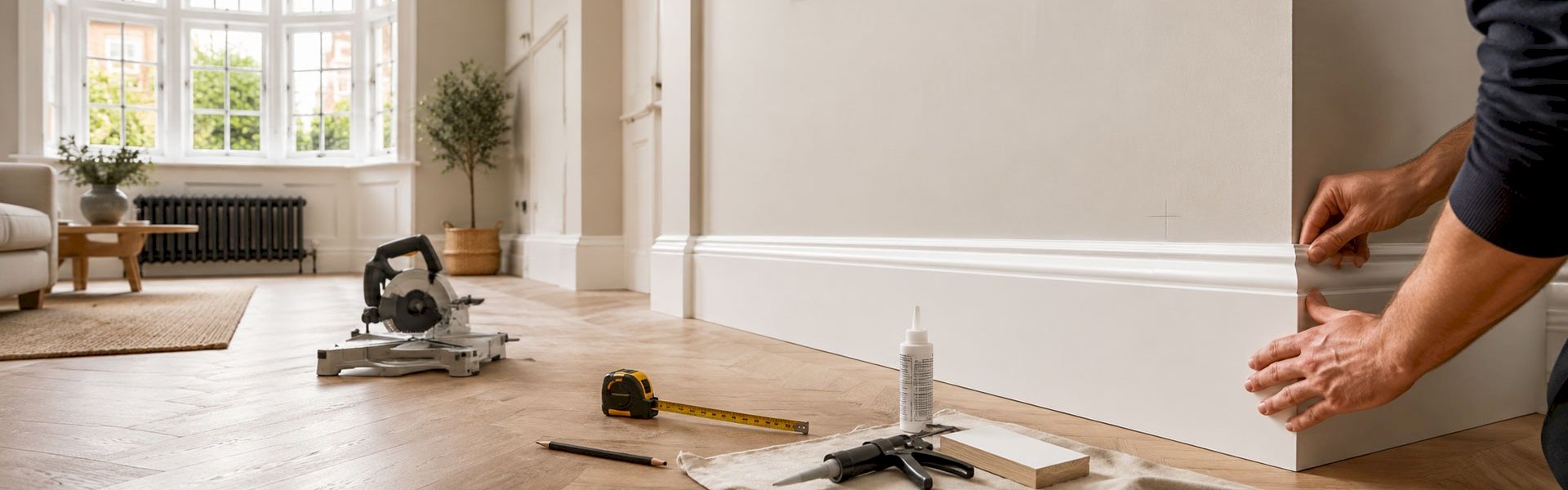 A selection of professional skirting boards and tools laid out for an installation project.